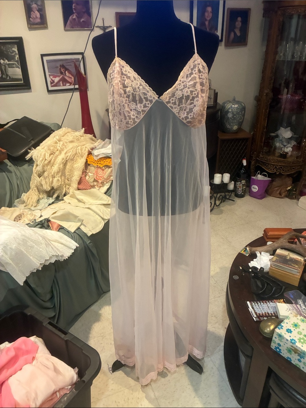 Vintage Sheer Lace Long Slip Nightgown in Pale Pink